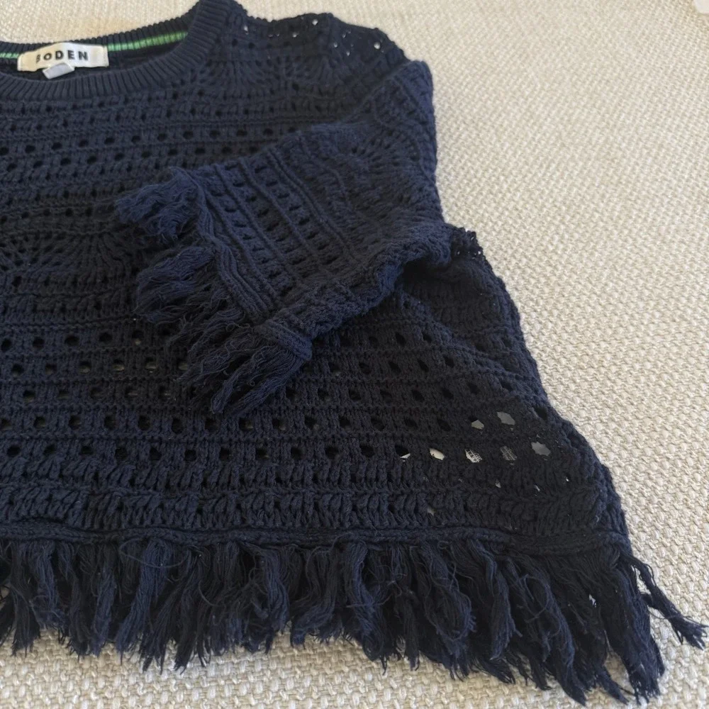 Boden Womens M‎ Crochet Knit Fringe Crop Top Navy Blue Cotton Boho Swim Cover